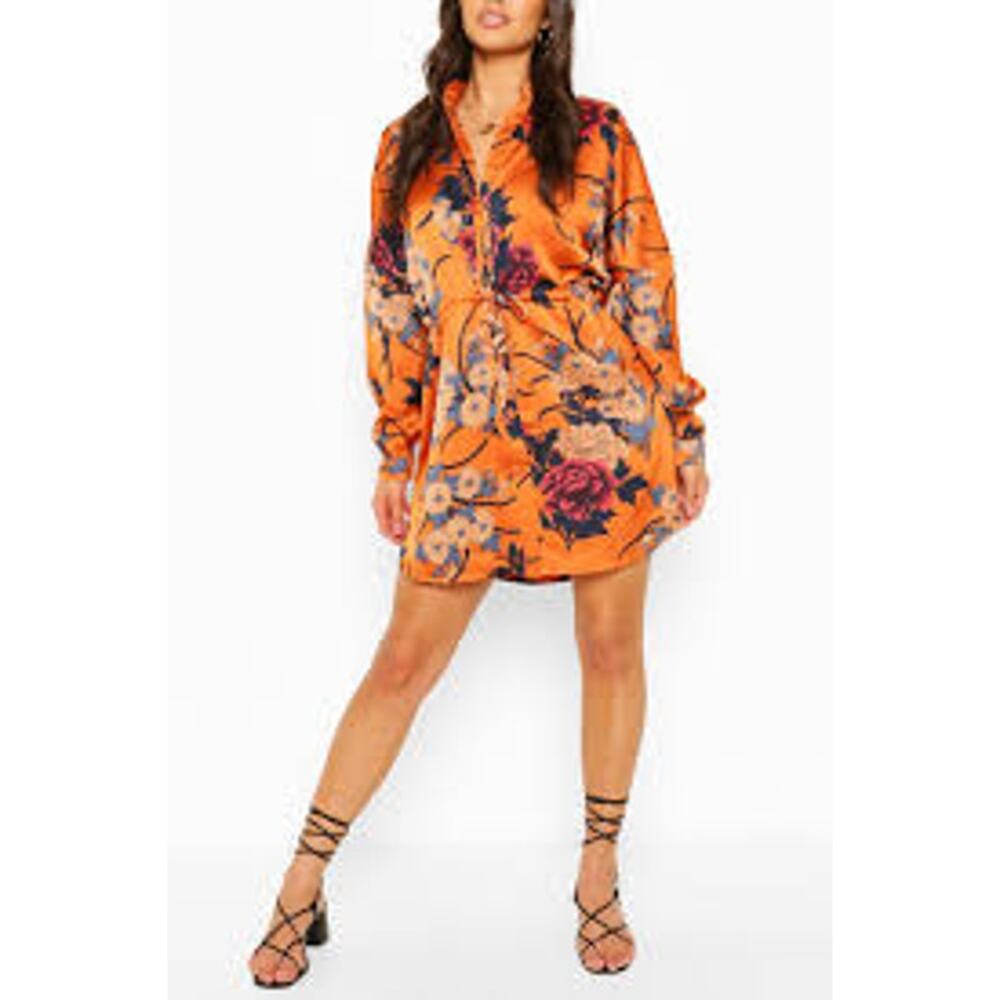 Boohoo Orange Floral Print Long Sleeve Button Luxe Shirt Mini Dress Size 14
